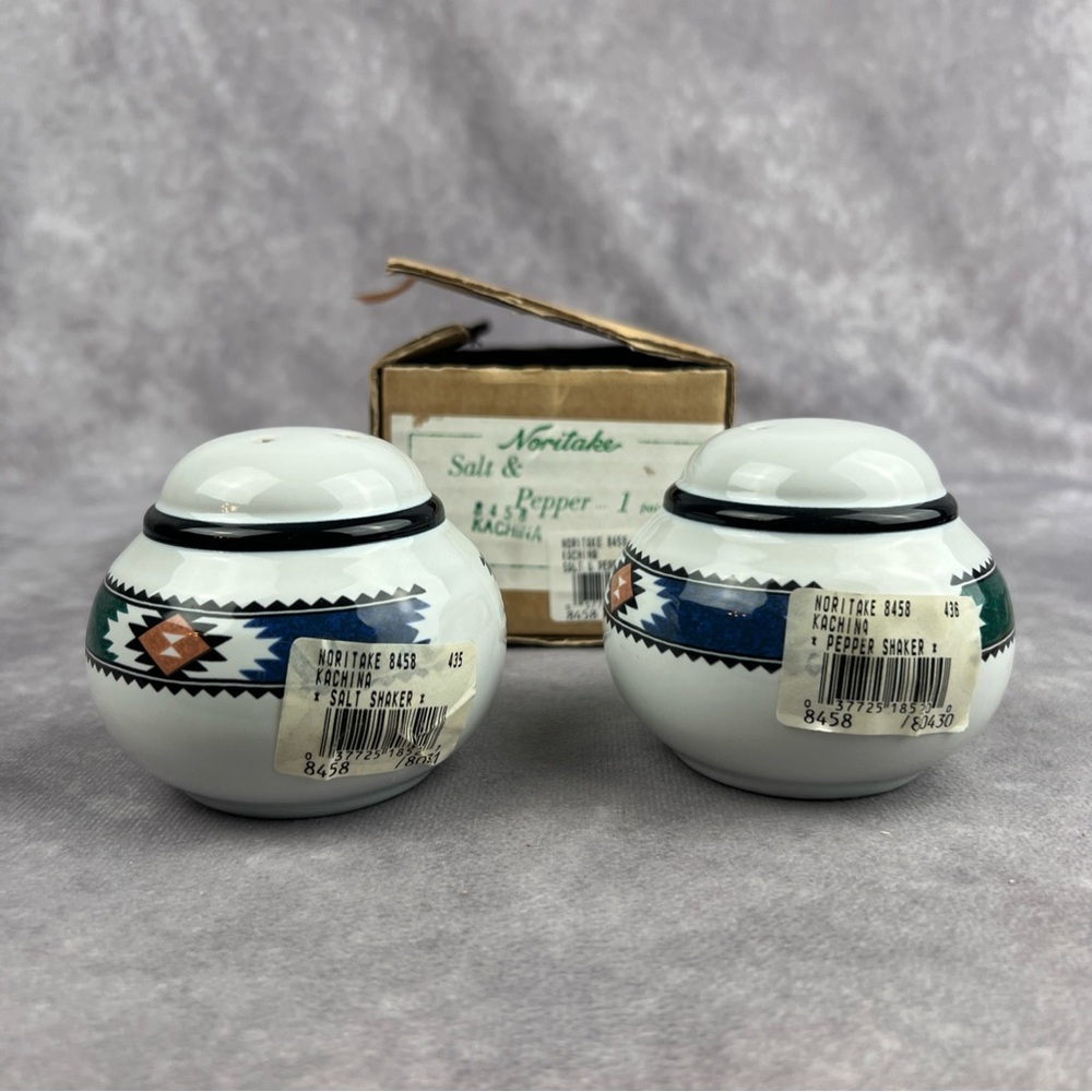 Noritake Kachina 8458 Salt Pepper Shakers Southwest Santa Fe Aztec Stoneware NWT